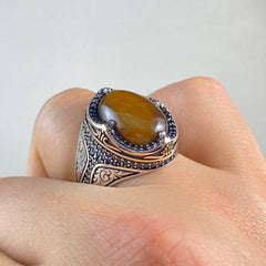 Oval Brown Tiger Eye Stone 925 Sterling Silver Men Handmade Ring