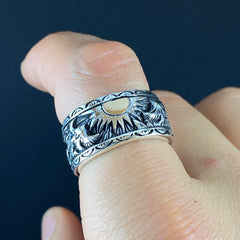 925K Silver Celestial Sun Unique Signet Ring , Silver Dainty Sunrise Ring