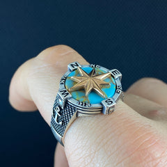 Compass 925 Solid Silver Ring with Turquoise Stone