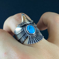 3D Eagle Adjustable 925 Solid Silver Ring with Turquoise Stone