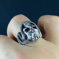 Red Eyes Skull 925 Solid Silver Men Ring, Gift Jewelry For Biker