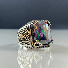 Mystic Topaz Gemstone 925 Solid Silver Men Handmade Ring