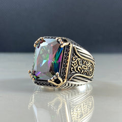 Mystic Topaz Gemstone 925 Solid Silver Men Handmade Ring