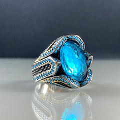 Blue Color Aquamarine Stone 925 Sterling Silver Men Handmade Ring