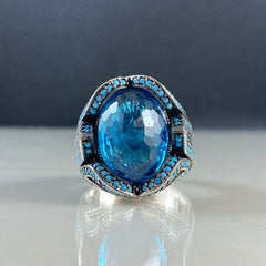 Blue Color Aquamarine Stone 925 Sterling Silver Men Handmade Ring