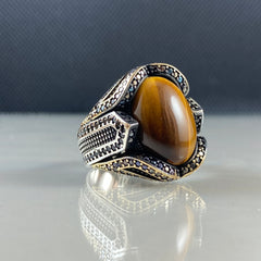 Brown Tiger Eye Gemstone 925 Sterling Silver Men Ring