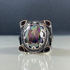 Large Men Handmade Mystic Topaz Gemstone 925 Solid Silver Ring