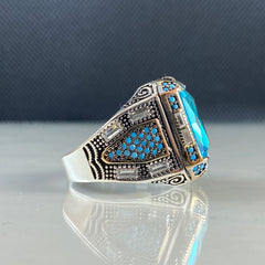 Blue Aquamarine Gemstone 925 Sterling Silver Men Ring