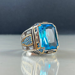 Blue Aquamarine Gemstone 925 Sterling Silver Men Ring