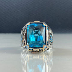 Blue Aquamarine Gemstone 925 Sterling Silver Men Ring