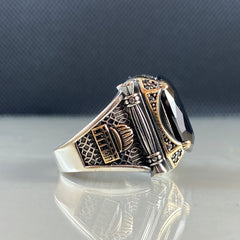 Mosque Islamic Onyx Stone 925 Solid Silver Ring