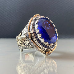 Large Sapphire Gemstone 925 Sterling Silver Men Ring