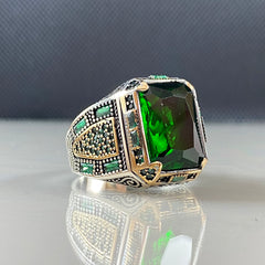 Green Color Emerald Gemstone 925 Silver Men Ring