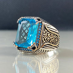 Blue Aquamarine Gemstone 925 Sterling Silver Men Ring