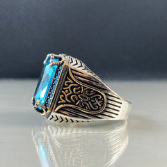 Blue Aquamarine Gemstone 925 Sterling Silver Men Ring