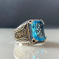 Blue Aquamarine Gemstone 925 Sterling Silver Men Ring