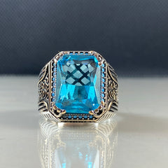 Blue Aquamarine Gemstone 925 Sterling Silver Men Ring