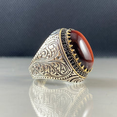 Oval Agate Gemstone 925 Sterling Silver Men Ring