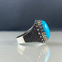 Blue Turquoise Gemstone 925 Solid Silver Men Handmade Ring