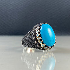 Blue Turquoise Gemstone 925 Solid Silver Men Handmade Ring