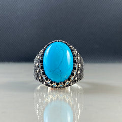 Blue Turquoise Gemstone 925 Solid Silver Men Handmade Ring