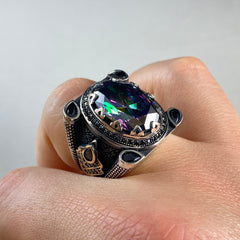 Large Men Handmade Mystic Topaz Gemstone 925 Solid Silver Ring