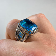 Blue Aquamarine Gemstone 925 Sterling Silver Men Ring