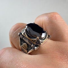 Mosque Islamic Onyx Stone 925 Solid Silver Ring