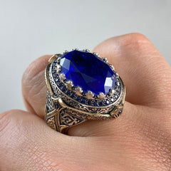 Large Sapphire Gemstone 925 Sterling Silver Men Ring