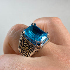 Blue Aquamarine Gemstone 925 Sterling Silver Men Ring