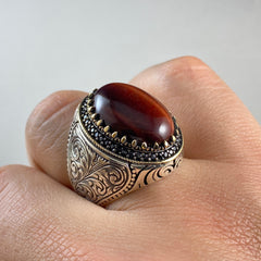 Oval Agate Gemstone 925 Sterling Silver Men Ring