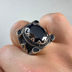 Large 925 Sterling Silver Men Handmade Black Onyx Stone Ring