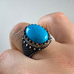 Blue Turquoise Gemstone 925 Solid Silver Men Handmade Ring