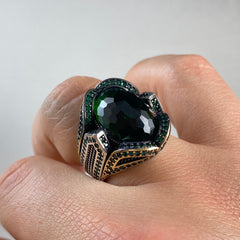 Emerald Gemstone 925 Solid Silver Men Ring