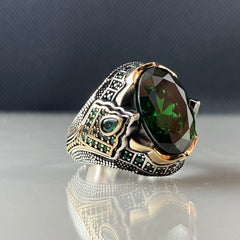 Oval Emerald Green 925 Sterling Silver Men Ring