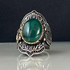 Green Agate Stone 925 Solid Silver Men Archer Thumb Ring