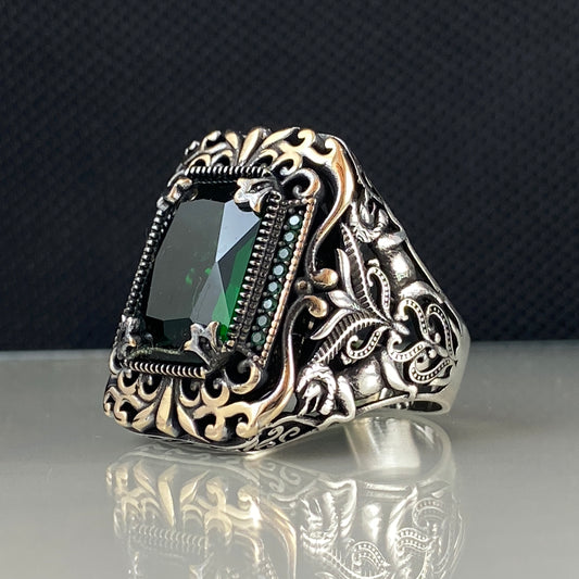 Emerald Stone 925 Solid Silver Men Handmade Ring