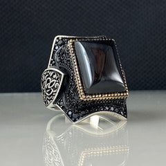 Large Onyx Black Stone 925 Sterling Silver Men Handmade Ring