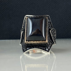 Large Onyx Black Stone 925 Sterling Silver Men Handmade Ring