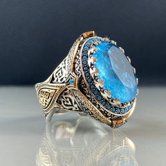 Large Blue Aquamarine Stone 925 Solid Silver Ring