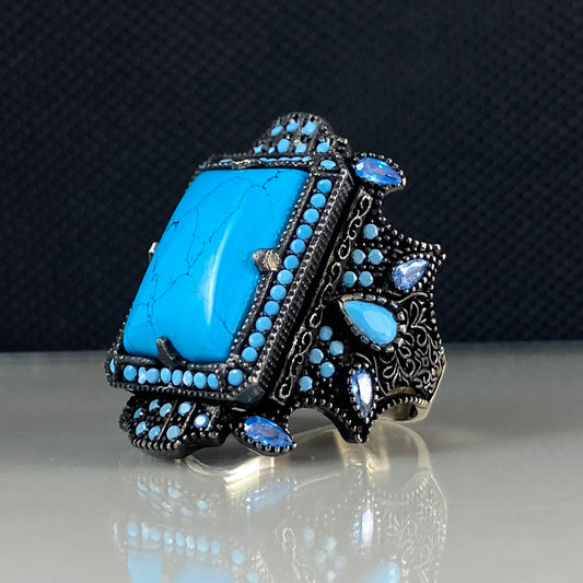 Blue Turquoise Stone 925 Sterling Silver Men Handmade Ring