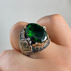 Oval Emerald Green 925 Sterling Silver Men Ring