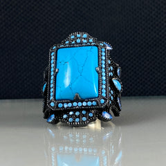 Blue Turquoise Stone 925 Sterling Silver Men Handmade Ring