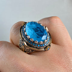 Large Blue Aquamarine Stone 925 Solid Silver Ring