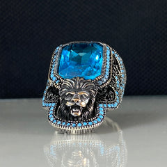 Archer Lion Leo Zodiac Blue Stone Thumb 925 Sterling Silver Ring