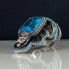 Archer Lion Leo Zodiac Blue Stone Thumb 925 Sterling Silver Ring