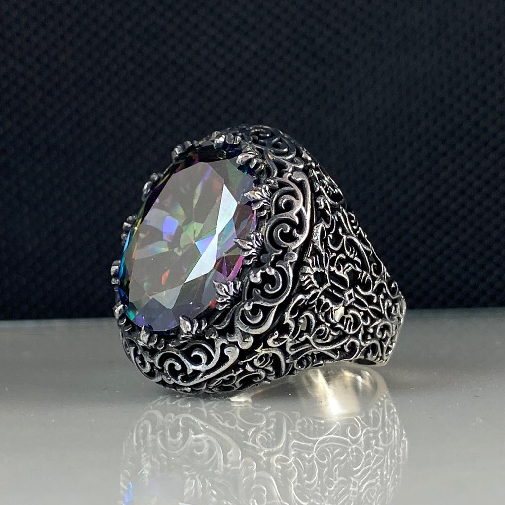 Mystic Topaz Stone with 925 Sterling Silver Men Ring, Pencil Work Ring, Sterling Silver ring, Gift for Boyfriend, Gift for Men, Mystic deals Ring