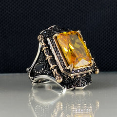 Large Yellow Citrine Stone 925 Sterling Silver Men Handmade Ring