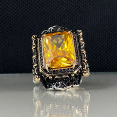 Large Yellow Citrine Stone 925 Sterling Silver Men Handmade Ring