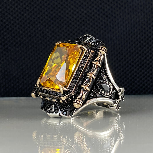 Large Yellow Citrine Stone 925 Sterling Silver Men Handmade Ring